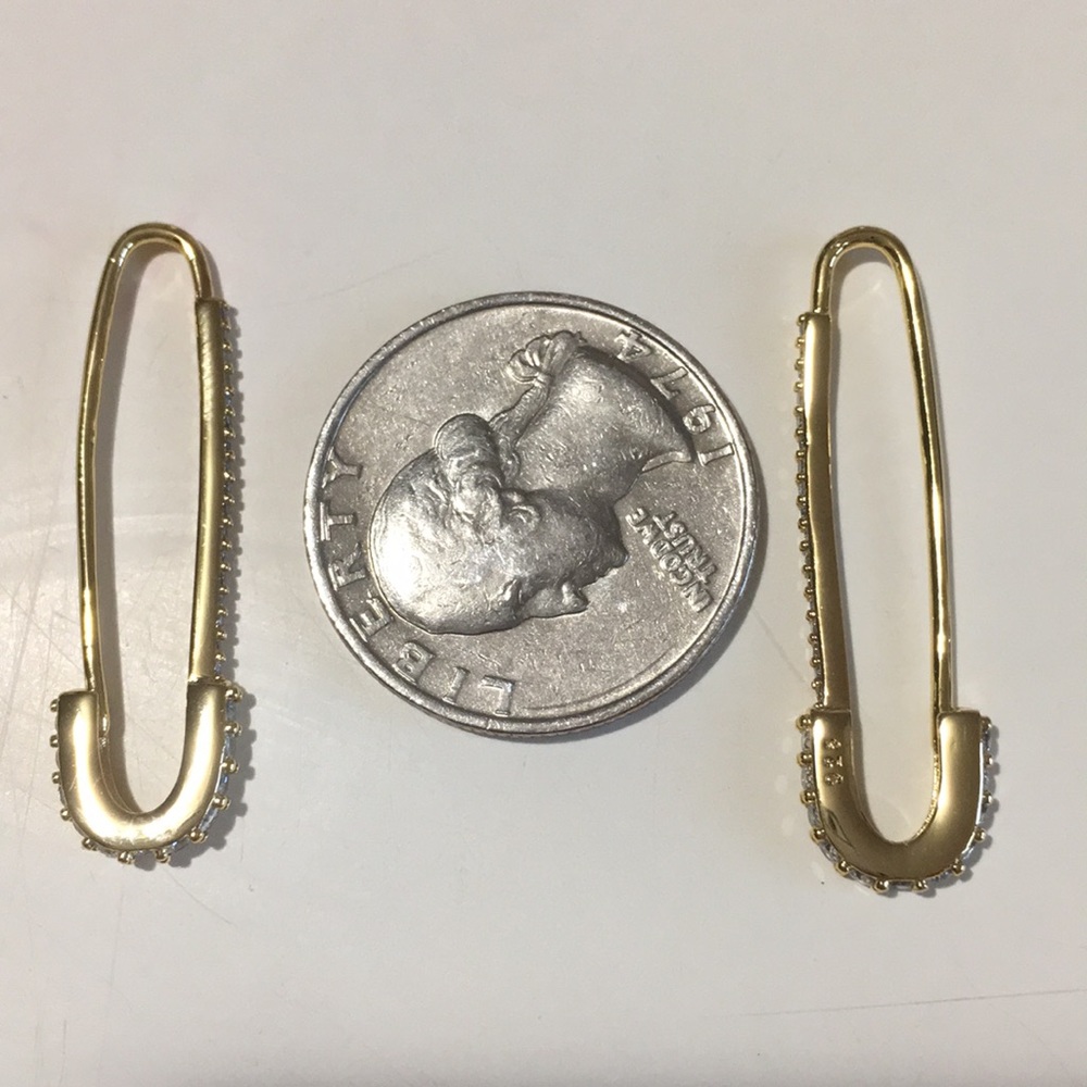 Last Pair Gold Vermeil CZ Safety Pin Earrings - Picture 8 of 8